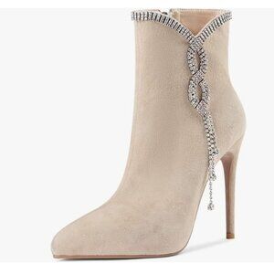YDN Nude Suede Pointy Toe High Heel Side Zipper Rhinestone Chain Ankle Boot